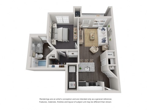 Floor plan for 1 bed, 1 bath, 564 sqft